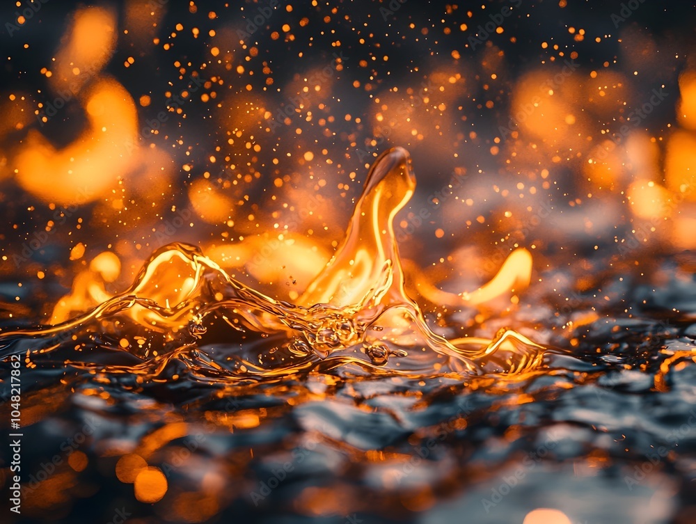 Poster captivating flames dancing on a surreal liquid surface blending elements in a mesmerizing background