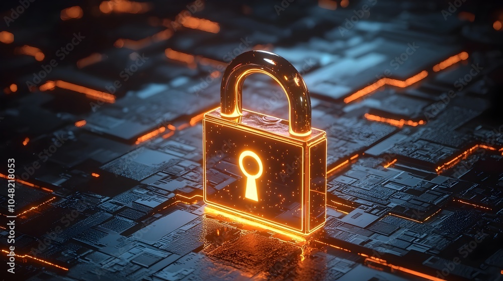Poster glowing metallic padlock icon representing high tech security and modern data protection