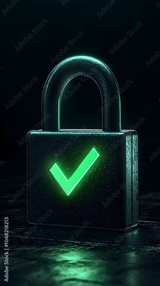 Poster glowing green checkmark on padlock icon symbolizing secure access and verified entry