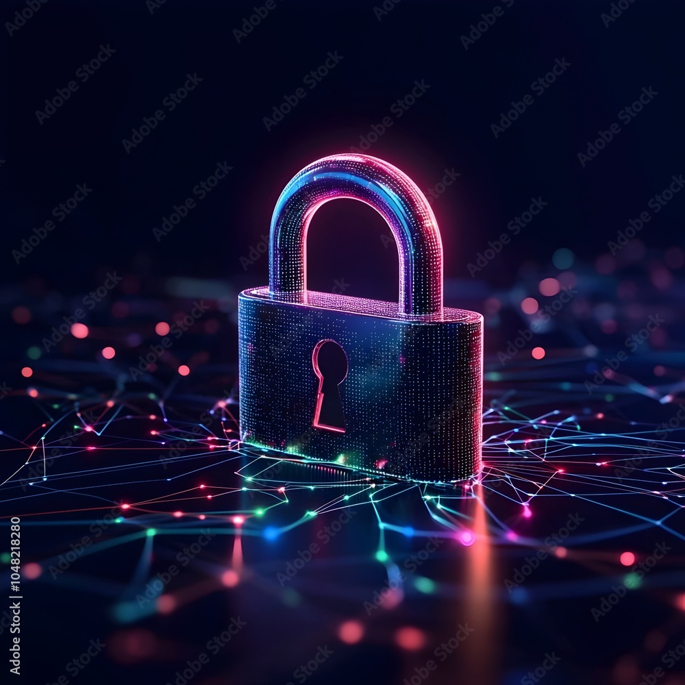 Poster futuristic padlock icon with holographic data points representing cybersecurity