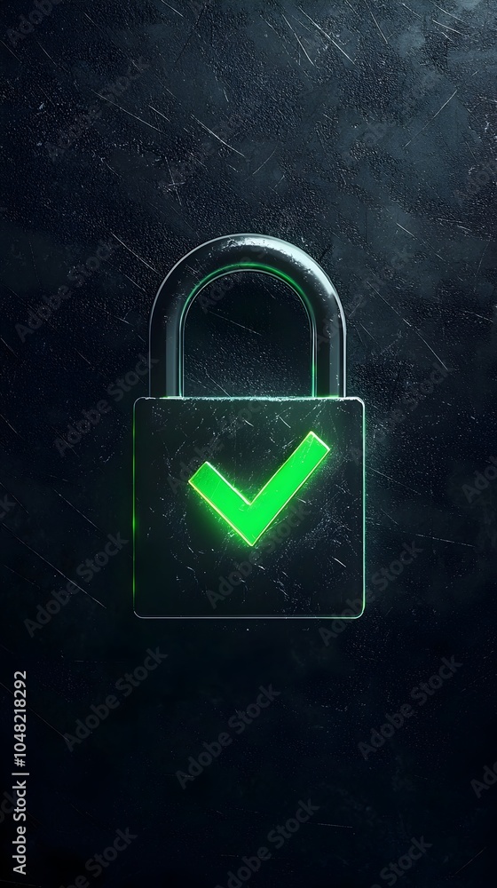 Poster secure padlock icon with glowing green checkmark on dark background symbolizing verified access