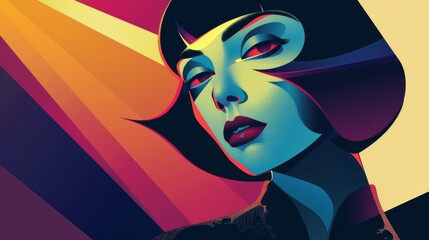 Naklejka premium Retrofuturistic Portrait: A stylized illustration of a woman with vibrant, multicolored hair, exuding confidence and mystery in a bold, graphic style.