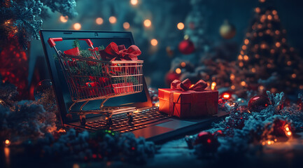 A laptop displaying Christmas gifts in a shopping cart, surrounded by festive decorations and lights. This scene symbolizes online holiday marketing for e-commerce and cybersecurity sales.