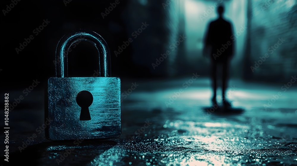 Aufkleber padlock icon with shadowy figure in background symbolizing vigilance against unauthorized access