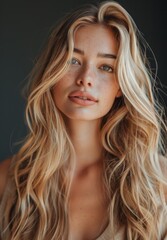 Naklejka premium Portrait of Woman with Wavy Blonde Hair and Freckles