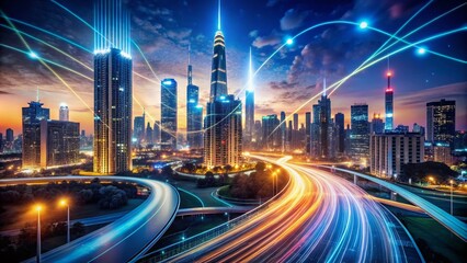 Fototapeta premium Futuristic Cityscape with Digital Streams and Glowing Lights for Portrait Photography