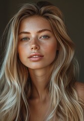 Woman with Freckles and Wavy Blonde Hair Close-Up