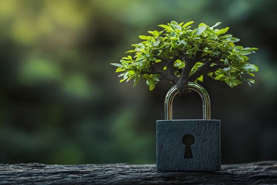 Padlock with Organic Tree Growth Symbolizing Security System Evolution and Innovation