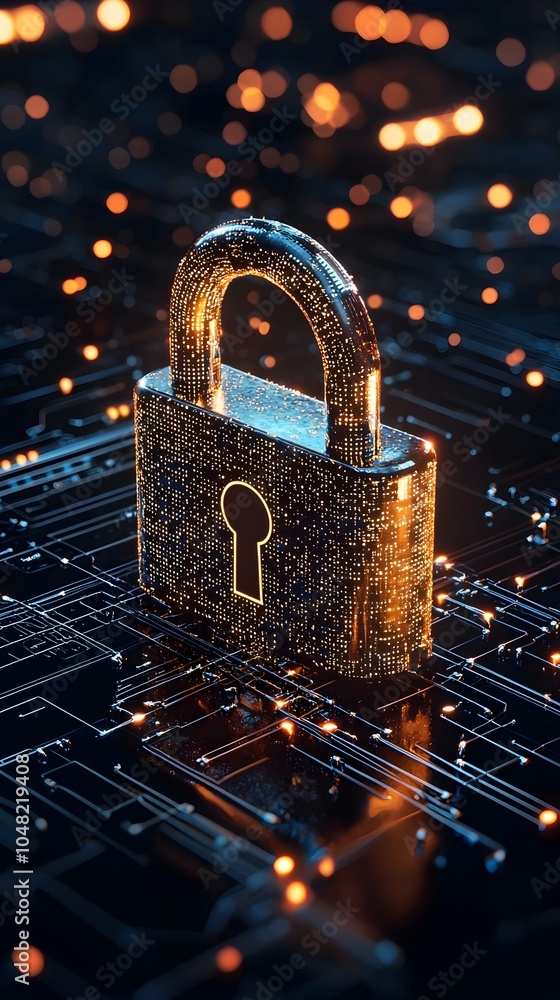 Poster padlock icon with digital circuit network symbolizing integrated security systems