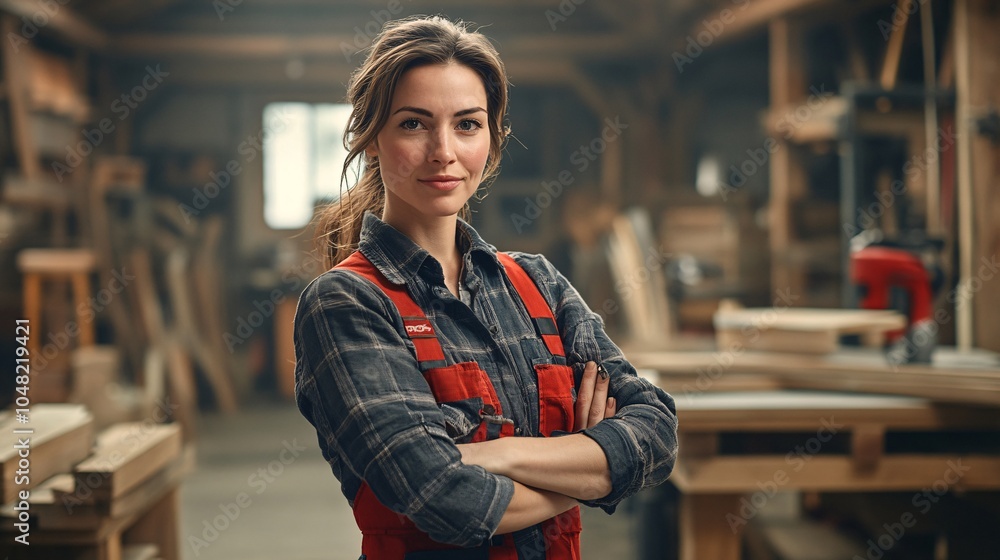 Poster woman using a cordless power drill to assemble a new piece of furniture at home with focus on precis