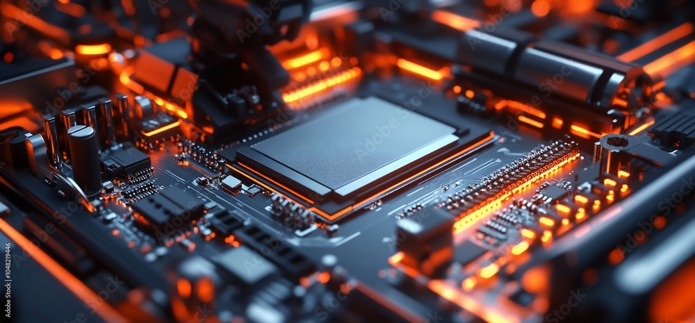 Poster Close-up of a computer motherboard with a CPU chip glowing orange.