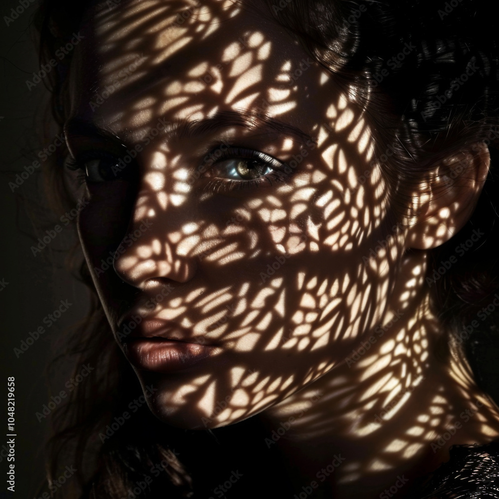 Poster artistic portrait of a woman with intricate shadows cast across her face, creating a striking contra