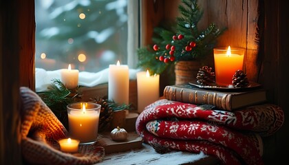 A cozy winter scene embracing the warmth of candles and nature's beauty in a festive atmosphere
