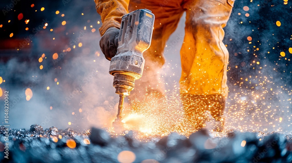 Aufkleber Craftsman using a rotary hammer drill to install heavy-duty hardware in a construction project Stock Photo with side copy space