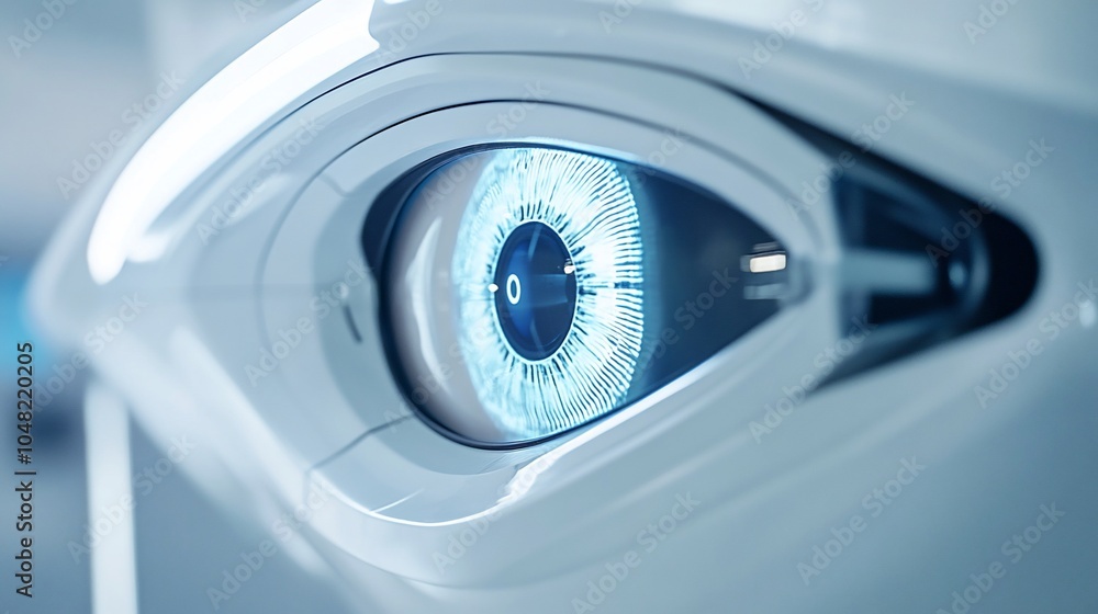 Poster close-up of a futuristic robotic eye with a blue iris and a white casing.