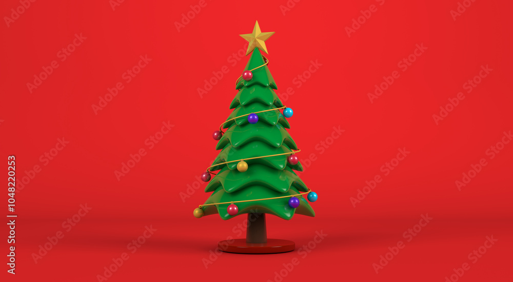 Poster 3d rendering, realistic christmas tree with ornaments mock up on red background.