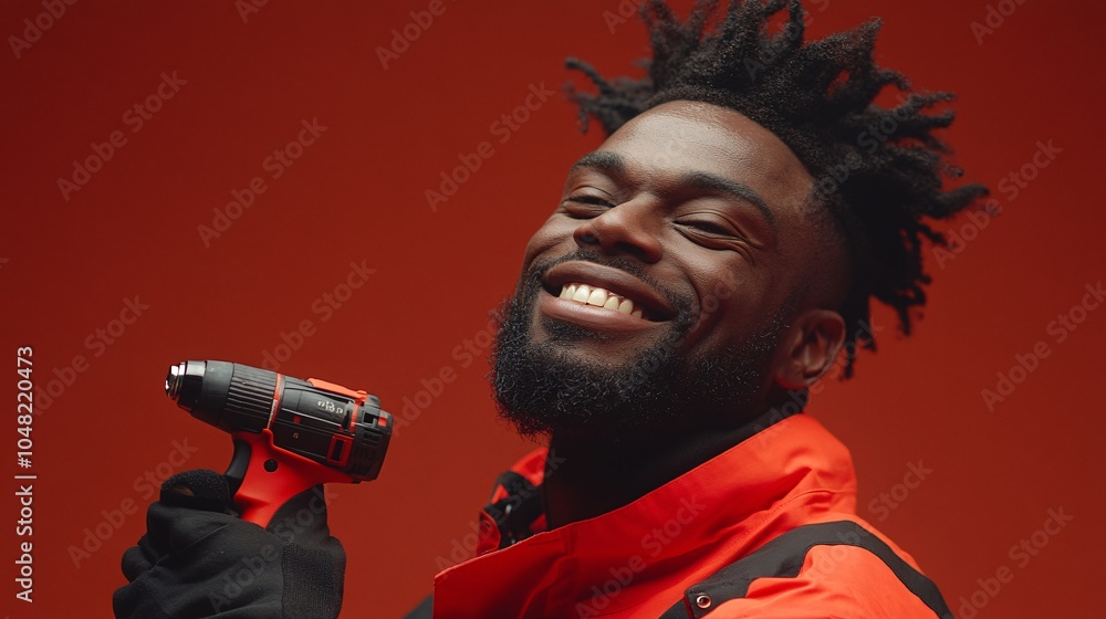 Poster professional carpenter wearing work overalls smiling at the camera while holding a power drill stock