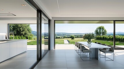 Fototapeta premium Modern dining room with large windows overlooking a rural landscape
