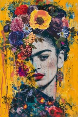 Vibrant Floral Portrait: Artistic Representation of a Woman with Colorful Flowers Against a Bright Yellow Background, Celebrating Beauty and Culture.