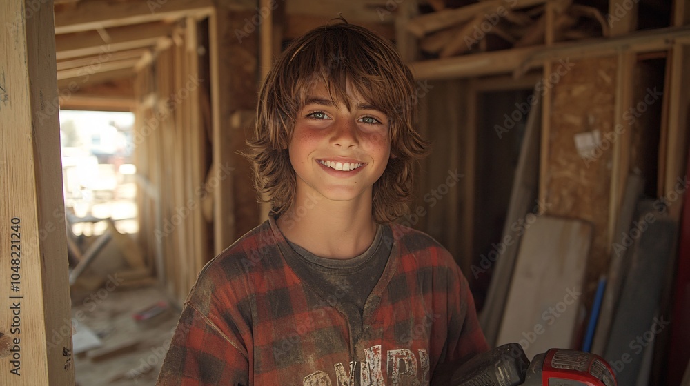 Poster teenager holding a power sander and smiling brightly while showcasing the fun of diy projects stock 