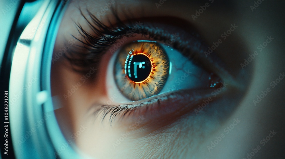 Poster close-up of a human eye with a glowing digital code reflected in the iris, representing the intersec