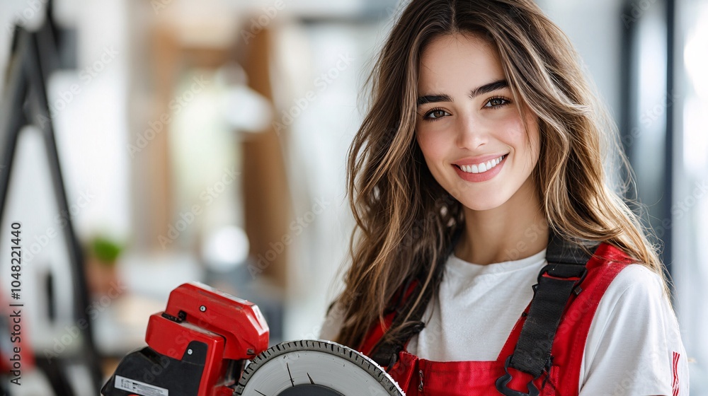 Poster young woman in work attire holding a circular saw with a confident smile showing comfort with the to