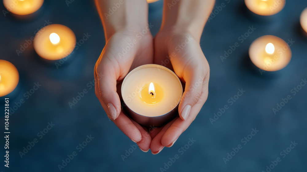 Poster hands arranging bright candles in an intimate pattern