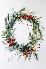 painting of christmas wreath on white background 