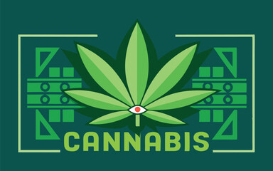 A trippy and colorful logo featuring a cannabis leaf with an all-seeing eye, perfect for cannabis-related businesses, psychedelic art, or music festivals.