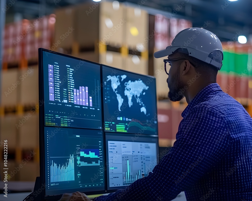 Poster logistics manager reviewing digital dashboard with real time supply chain data