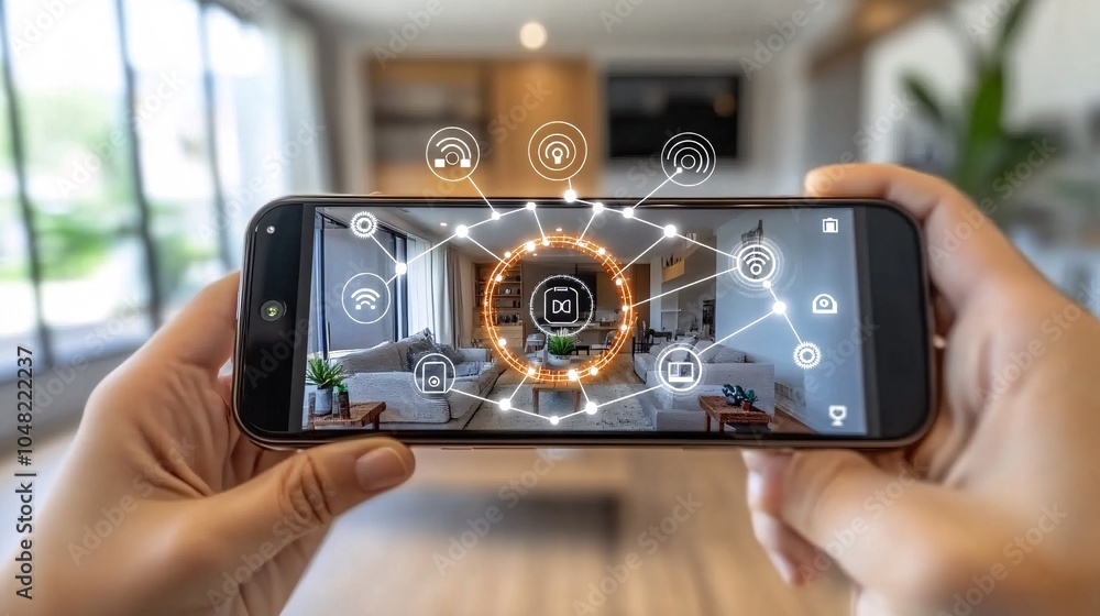 Poster smart home system being installed in a rental apartment featuring automated lighting controls stock 