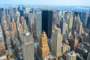 Obraz premium Aerial view of new York downtown building roofs.