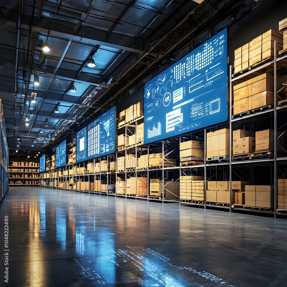 Poster smart warehouse with digital screens displaying real time logistics data and shipment tracking