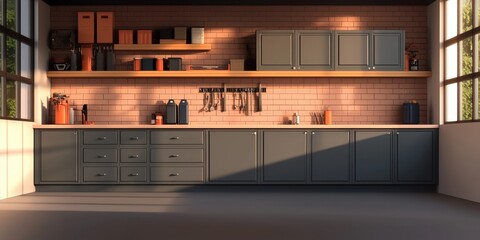 A modern kitchen interior featuring stylish cabinets, shelves with kitchenware, and ample natural light illuminating a clean, minimalist design.