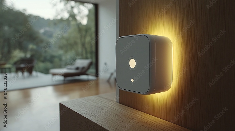 Poster Technician installing smart home security features including door cameras and motion sensors in a newly rented property Stock Photo with side copy space