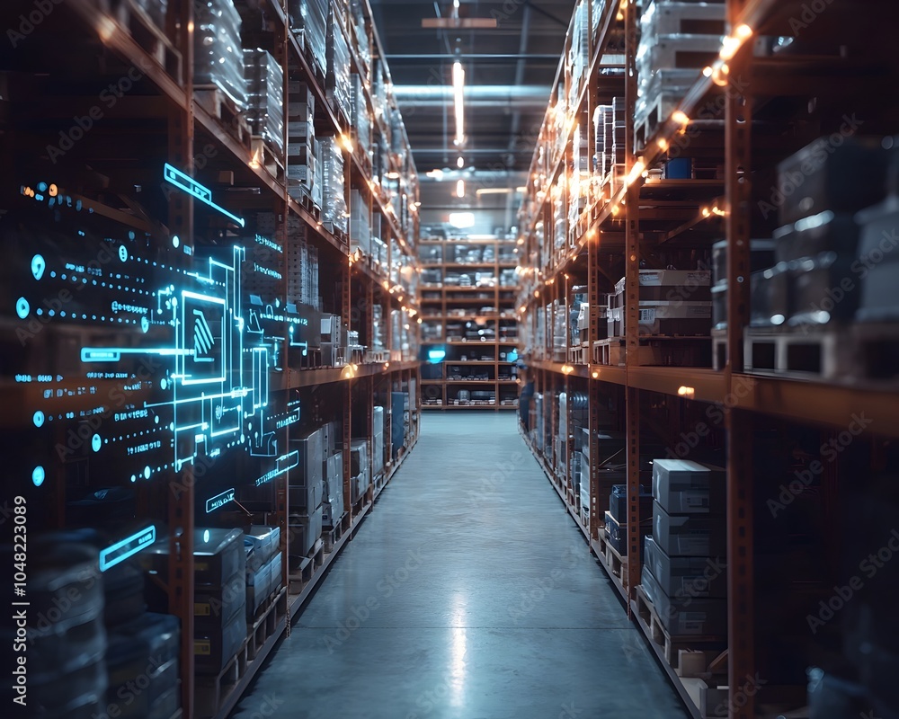Poster smart shelving system in futuristic warehouse with automated lighting and inventory tracking