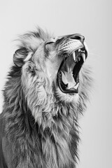 Majestic Lion Yawning in Black and White: A Close-Up of the King of the Jungle Expressing Power and Serenity, Captured in Stunning Detail