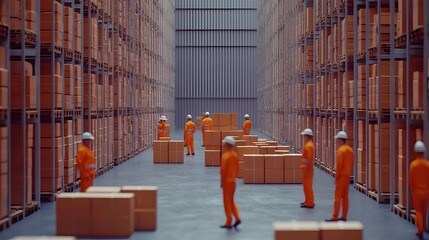 Team of Logistics Workers Organizing and Stacking Boxes in Warehouse Symbolizing Supply Chain Management and Teamwork