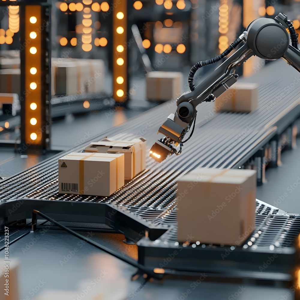Poster logistics robot sorting packages on conveyor belt automated warehouse efficiency