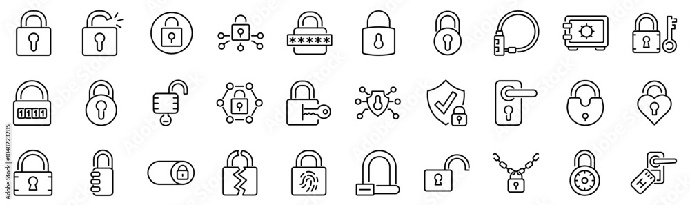 Wall mural set of 30 outline icons related to padlock. linear icon collection. editable stroke. vector illustra