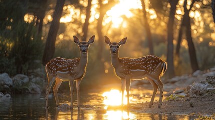 Two young deer stand in a forest stream at sunset.