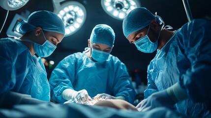 A group of surgical medical doctors in blue scrubs and masks, performing complex thrombotic medical operations on patients during night operations.