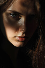 Fototapeta premium Moody Portrait of a Young Woman with Dramatic Shadows and Intense Gaze, Highlighting Natural Beauty and Mysterious Atmosphere in Soft Light.