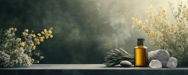 Natural healing setup with sage, essential oils, and crystals, holistic wellness, 3D illustration