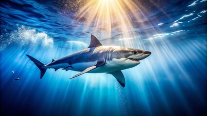 Obraz premium Great White Shark in Blue Sea - Stunning Underwater Scene with Bokeh Effect for Ocean Lovers