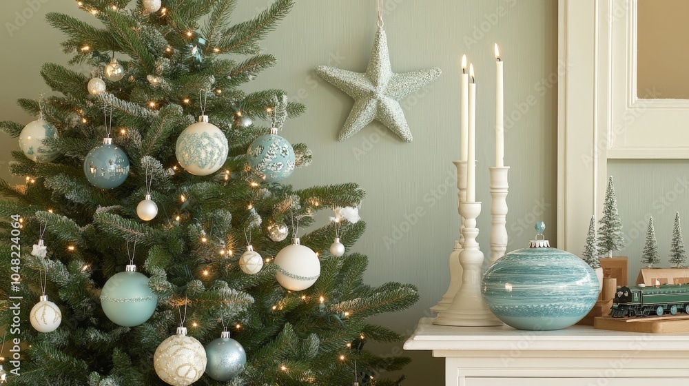 Wall mural Elegant blue and white christmas decor with lit tree and candles