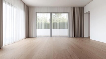 Clean and spacious living room, large windows with sheer curtains, and light wooden flooring Airy space, Contemporary home