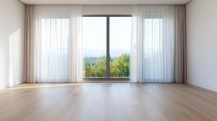 Fototapeta premium Clean and spacious living room, large windows with sheer curtains, and light wooden flooring Airy space, Contemporary home