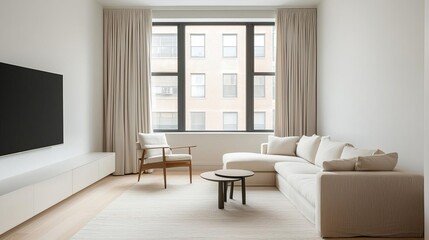 Bright minimalist living room with soft beige tones, modern furniture, and natural lighting  Minimalist design, Calm and serene space