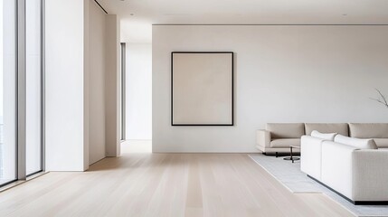 Fototapeta premium Large minimalist living area with plush seating, light wooden floors, and minimalistic art Contemporary design, Luxury simplicity
